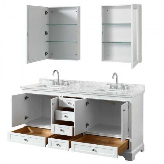 72 Inch Double Bathroom Vanity in White, White Carrara Marble Countertop, Sinks, Medicine Cabinets