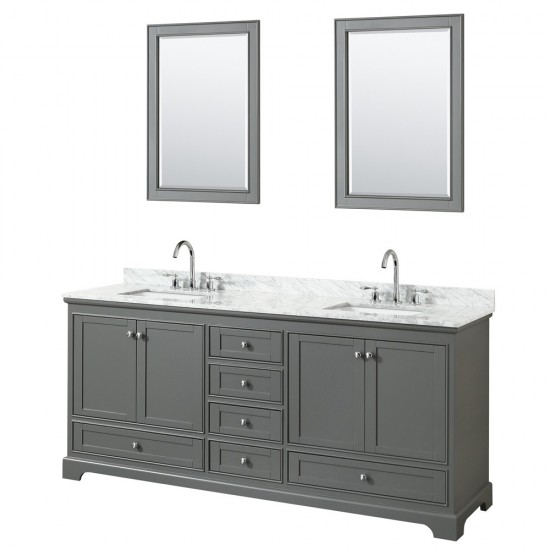 80 Inch Double Bathroom Vanity in Dark Gray, White Carrara Marble Countertop, Sinks, 24 Inch Mirrors