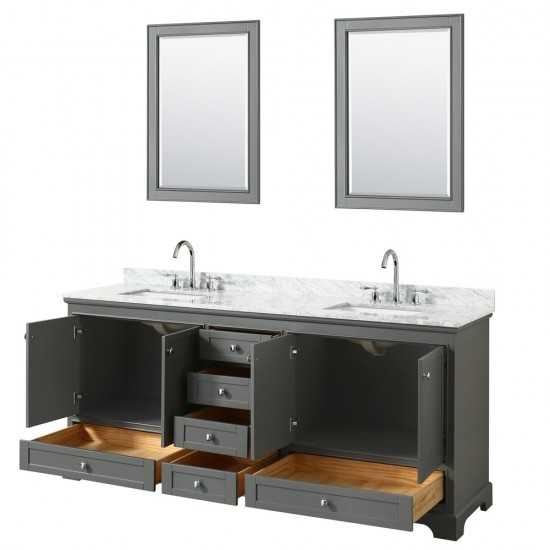 80 Inch Double Bathroom Vanity in Dark Gray, White Carrara Marble Countertop, Sinks, 24 Inch Mirrors