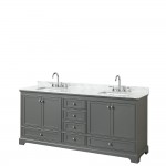 80 Inch Double Bathroom Vanity in Dark Gray, White Carrara Marble Countertop, Sinks, No Mirror