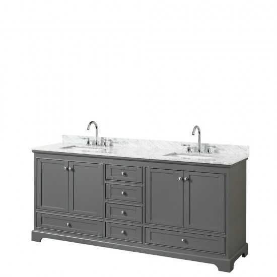 80 Inch Double Bathroom Vanity in Dark Gray, White Carrara Marble Countertop, Sinks, No Mirror