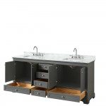 80 Inch Double Bathroom Vanity in Dark Gray, White Carrara Marble Countertop, Sinks, No Mirror