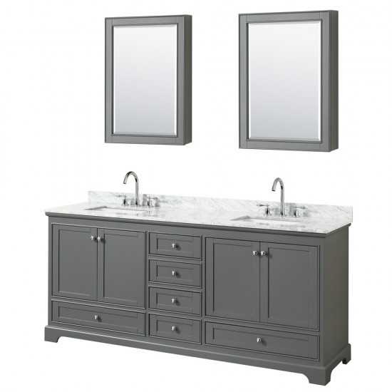 80 Inch Double Bathroom Vanity in Dark Gray, White Carrara Marble Countertop, Sinks, Medicine Cabinets