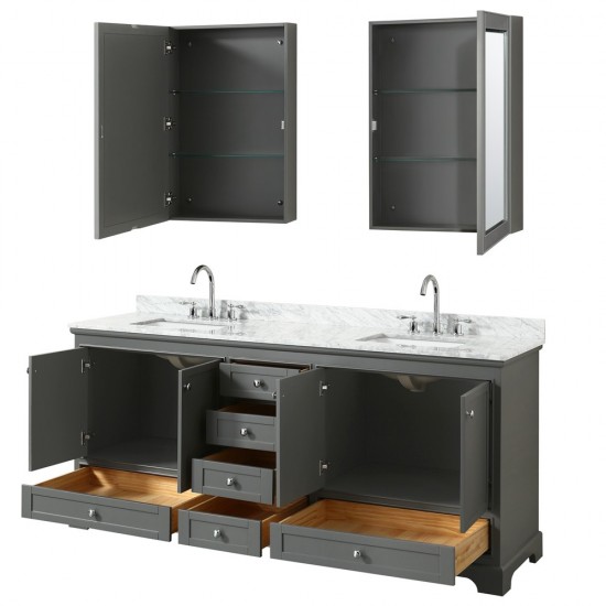 80 Inch Double Bathroom Vanity in Dark Gray, White Carrara Marble Countertop, Sinks, Medicine Cabinets