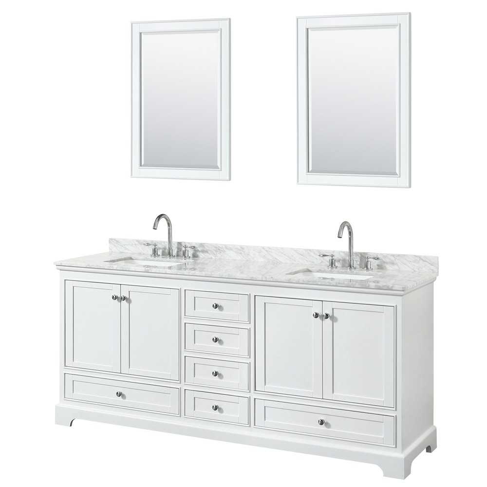 80 Inch Double Bathroom Vanity in White, White Carrara Marble Countertop, Sinks, 24 Inch Mirrors