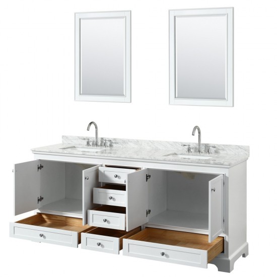 80 Inch Double Bathroom Vanity in White, White Carrara Marble Countertop, Sinks, 24 Inch Mirrors