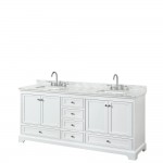 80 Inch Double Bathroom Vanity in White, White Carrara Marble Countertop, Sinks, No Mirror