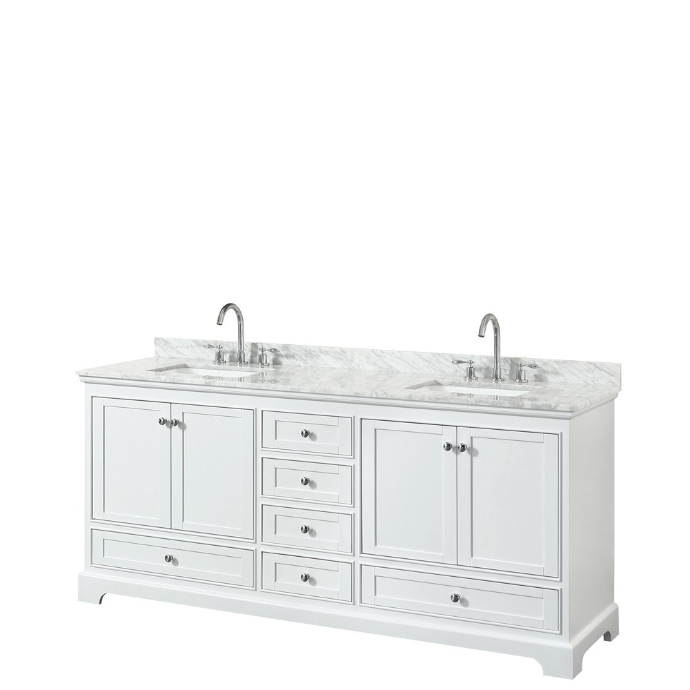 80 Inch Double Bathroom Vanity in White, White Carrara Marble Countertop, Sinks, No Mirror