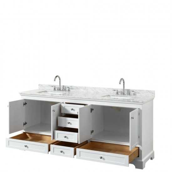 80 Inch Double Bathroom Vanity in White, White Carrara Marble Countertop, Sinks, No Mirror