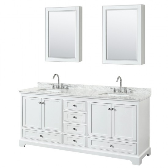 80 Inch Double Bathroom Vanity in White, White Carrara Marble Countertop, Sinks, Medicine Cabinets