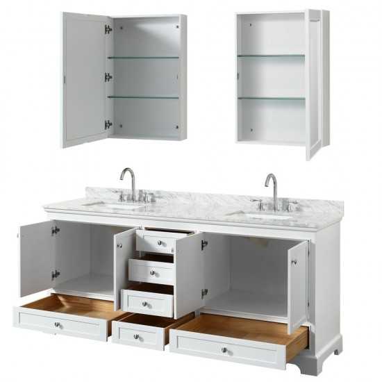 80 Inch Double Bathroom Vanity in White, White Carrara Marble Countertop, Sinks, Medicine Cabinets