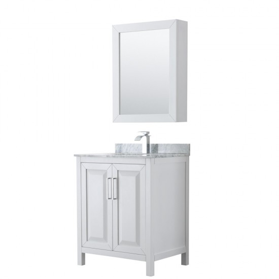 30 Inch Single Bathroom Vanity in White, White Carrara Marble Countertop, Sink, Medicine Cabinet