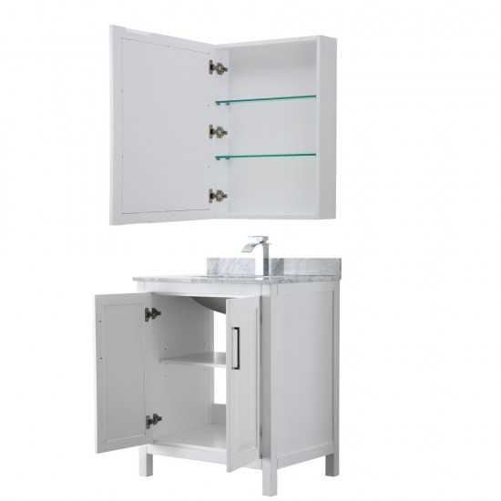 30 Inch Single Bathroom Vanity in White, White Carrara Marble Countertop, Sink, Medicine Cabinet