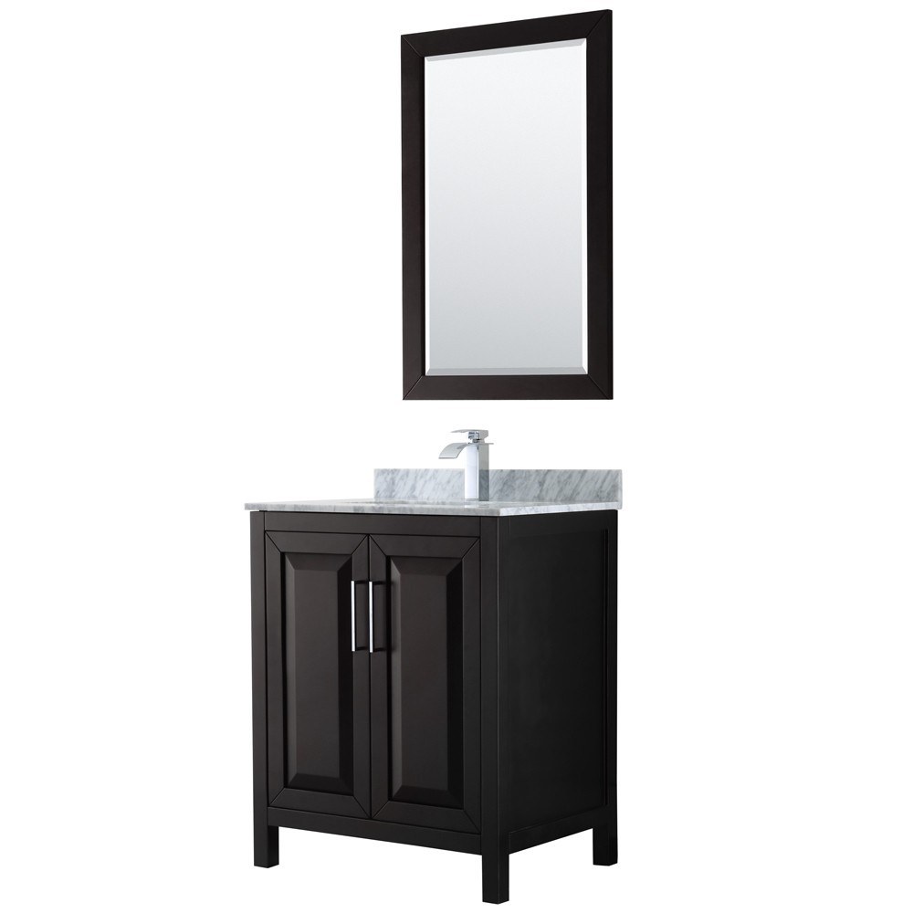 30 Inch Single Bathroom Vanity in Dark Espresso, White Carrara Marble Countertop, Sink, 24 Inch Mirror