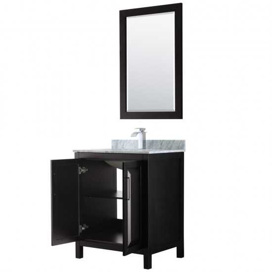 30 Inch Single Bathroom Vanity in Dark Espresso, White Carrara Marble Countertop, Sink, 24 Inch Mirror