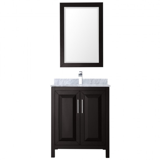 30 Inch Single Bathroom Vanity in Dark Espresso, White Carrara Marble Countertop, Sink, 24 Inch Mirror