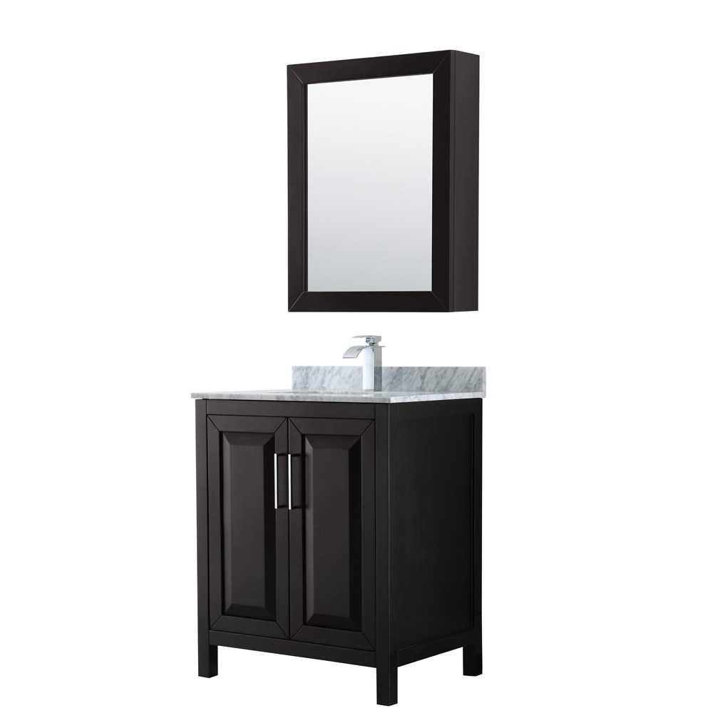 30 Inch Single Bathroom Vanity in Dark Espresso, White Carrara Marble Countertop, Sink, Medicine Cabinet