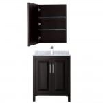 30 Inch Single Bathroom Vanity in Dark Espresso, White Carrara Marble Countertop, Sink, Medicine Cabinet