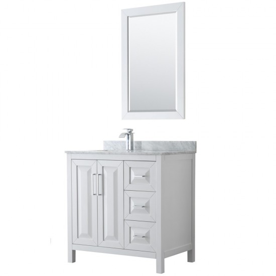 36 Inch Single Bathroom Vanity in White, White Carrara Marble Countertop, Sink, 24 Inch Mirror