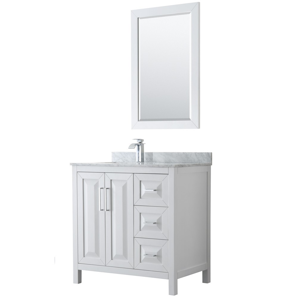 36 Inch Single Bathroom Vanity in White, White Carrara Marble Countertop, Sink, 24 Inch Mirror 36 Inch Single Bathroom Vanity in White, White Carrara Marble Countertop, Sink, 24 Inch Mirror