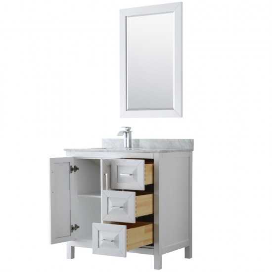 36 Inch Single Bathroom Vanity in White, White Carrara Marble Countertop, Sink, 24 Inch Mirror