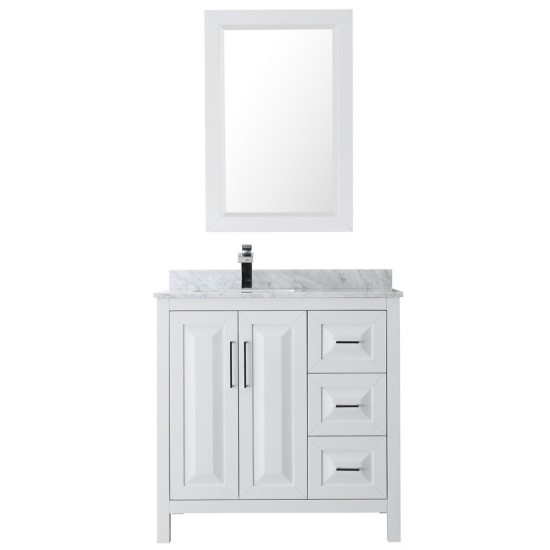 36 Inch Single Bathroom Vanity in White, White Carrara Marble Countertop, Sink, 24 Inch Mirror