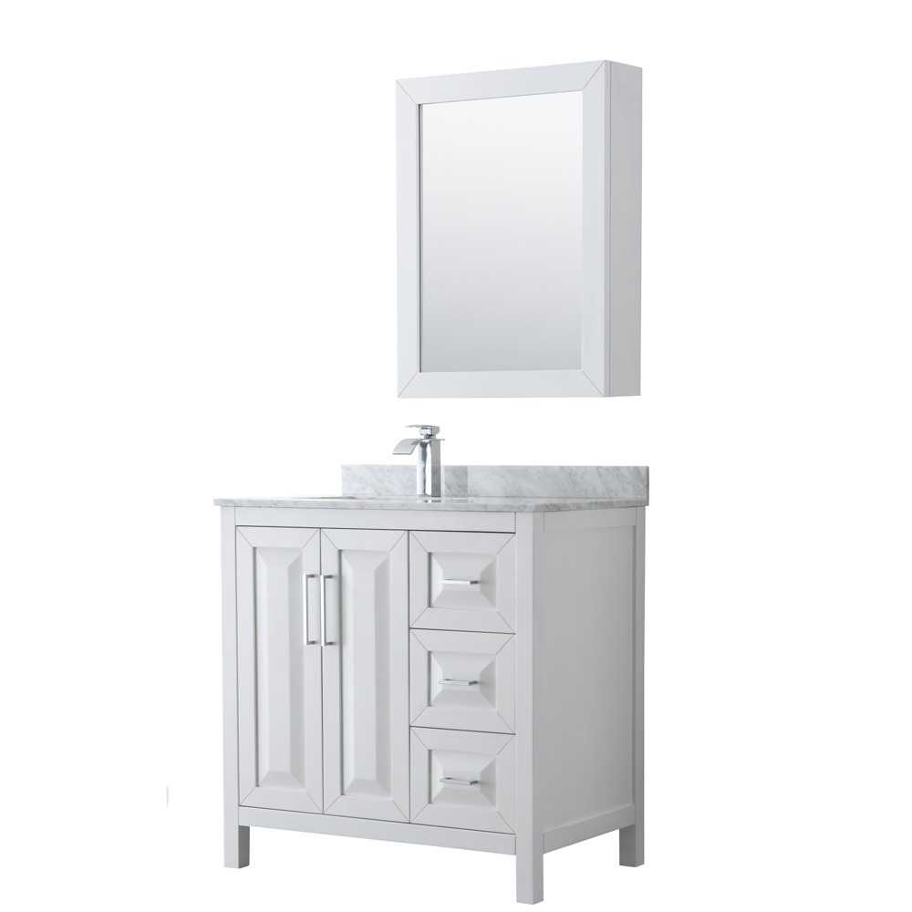 36 Inch Single Bathroom Vanity in White, White Carrara Marble Countertop, Sink, Medicine Cabinet