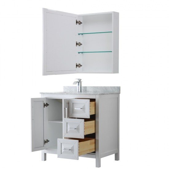 36 Inch Single Bathroom Vanity in White, White Carrara Marble Countertop, Sink, Medicine Cabinet