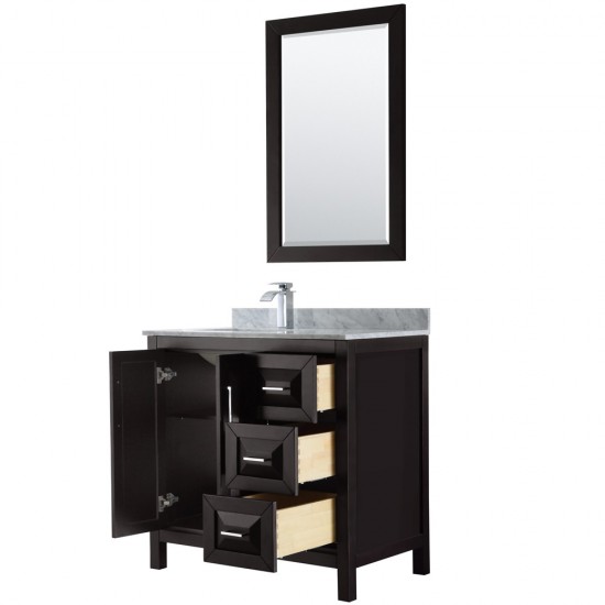 36 Inch Single Bathroom Vanity in Dark Espresso, White Carrara Marble Countertop, Sink, 24 Inch Mirror