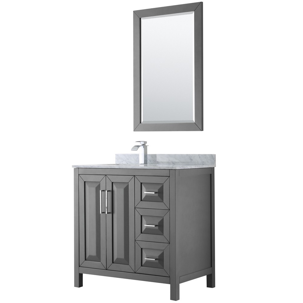 36 Inch Single Bathroom Vanity in Dark Gray, White Carrara Marble Countertop, Sink, 24 Inch Mirror