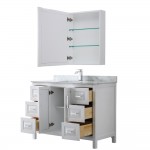 48 Inch Single Bathroom Vanity in White, White Carrara Marble Countertop, Sink, Medicine Cabinet