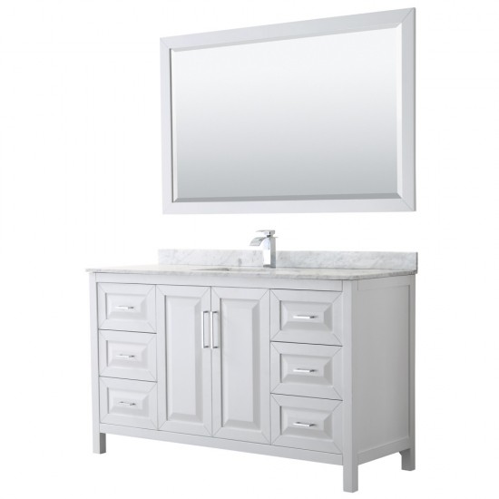 60 Inch Single Bathroom Vanity in White, White Carrara Marble Countertop, Sink, 58 Inch Mirror