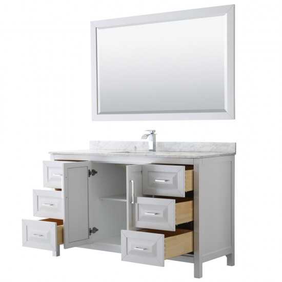 60 Inch Single Bathroom Vanity in White, White Carrara Marble Countertop, Sink, 58 Inch Mirror