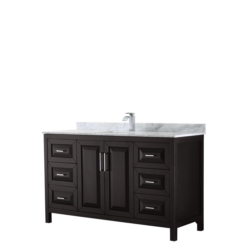 60 Inch Single Bathroom Vanity in Dark Espresso, White Carrara Marble Countertop, Sink, No Mirror