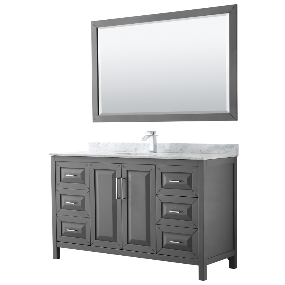 60 Inch Single Bathroom Vanity in Dark Gray, White Carrara Marble Countertop, Sink, 58 Inch Mirror