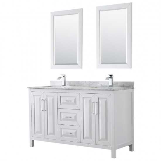 60 Inch Double Bathroom Vanity in White, White Carrara Marble Countertop, Sinks, 24 Inch Mirrors