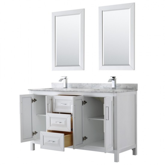 60 Inch Double Bathroom Vanity in White, White Carrara Marble Countertop, Sinks, 24 Inch Mirrors