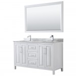 60 Inch Double Bathroom Vanity in White, White Carrara Marble Countertop, Sinks, 58 Inch Mirror