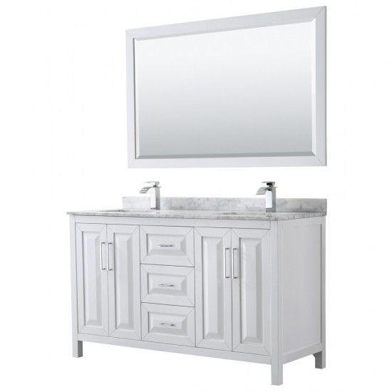 60 Inch Double Bathroom Vanity in White, White Carrara Marble Countertop, Sinks, 58 Inch Mirror