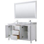 60 Inch Double Bathroom Vanity in White, White Carrara Marble Countertop, Sinks, 58 Inch Mirror