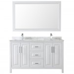 60 Inch Double Bathroom Vanity in White, White Carrara Marble Countertop, Sinks, 58 Inch Mirror