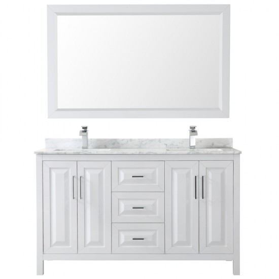 60 Inch Double Bathroom Vanity in White, White Carrara Marble Countertop, Sinks, 58 Inch Mirror