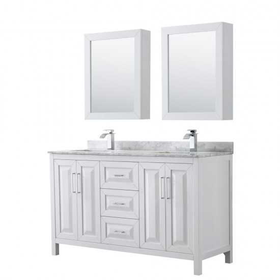 60 Inch Double Bathroom Vanity in White, White Carrara Marble Countertop, Sinks, Medicine Cabinets
