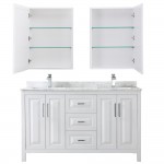 60 Inch Double Bathroom Vanity in White, White Carrara Marble Countertop, Sinks, Medicine Cabinets