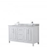 60 Inch Double Bathroom Vanity in White, White Carrara Marble Countertop, Sinks, No Mirror