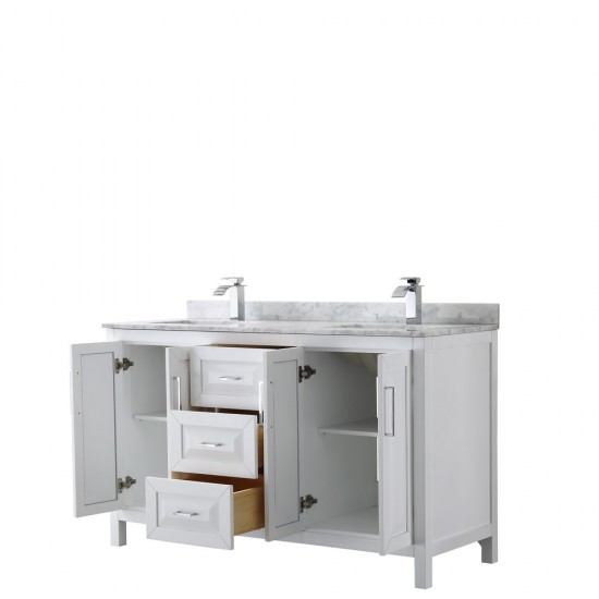 60 Inch Double Bathroom Vanity in White, White Carrara Marble Countertop, Sinks, No Mirror