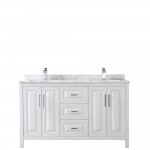 60 Inch Double Bathroom Vanity in White, White Carrara Marble Countertop, Sinks, No Mirror