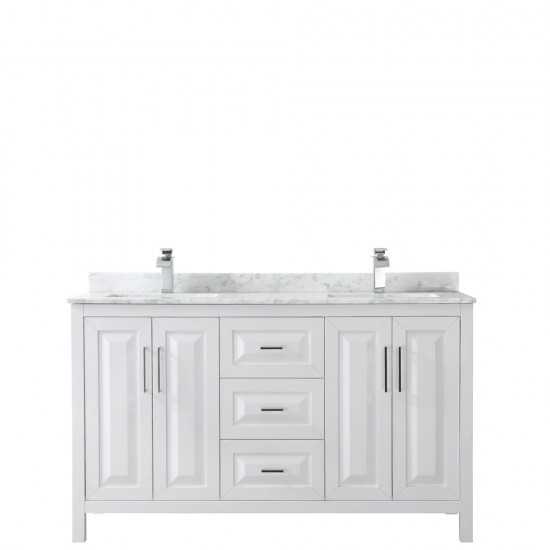 60 Inch Double Bathroom Vanity in White, White Carrara Marble Countertop, Sinks, No Mirror