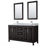 60 Inch Double Bathroom Vanity in Dark Espresso, White Carrara Marble Countertop, Sinks, 24 Inch Mirrors