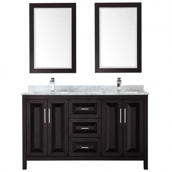 60 Inch Double Bathroom Vanity in Dark Espresso, White Carrara Marble Countertop, Sinks, 24 Inch Mirrors